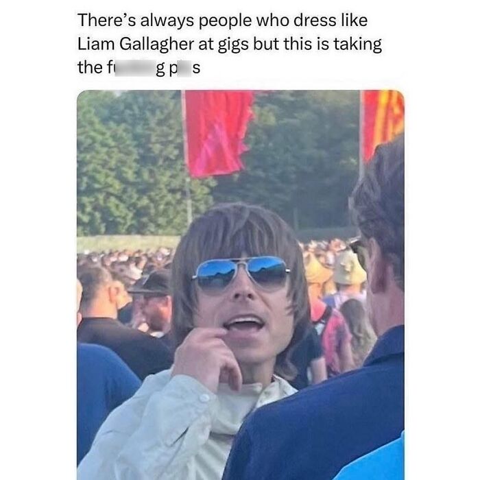 Person dressed like Liam Gallagher at a gig, captured in a funny meme illustrating life in the UK.