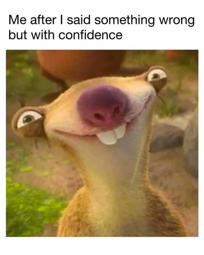 Funny animal meme showing a confident animated character smiling with crooked teeth and wide eyes in a forest setting.