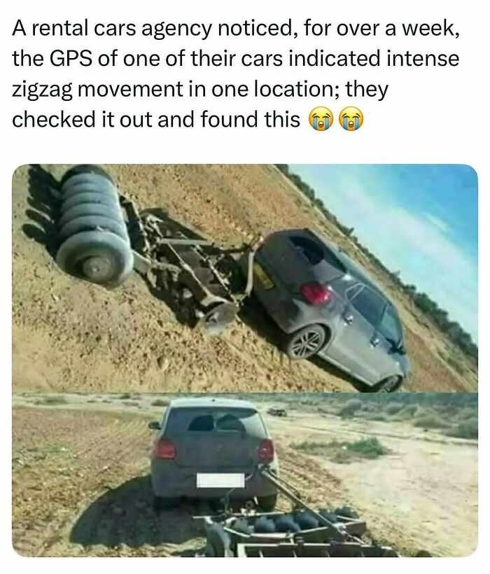 Rental car caught dragging farming equipment in a chaotic and random scene from funny memes collection.