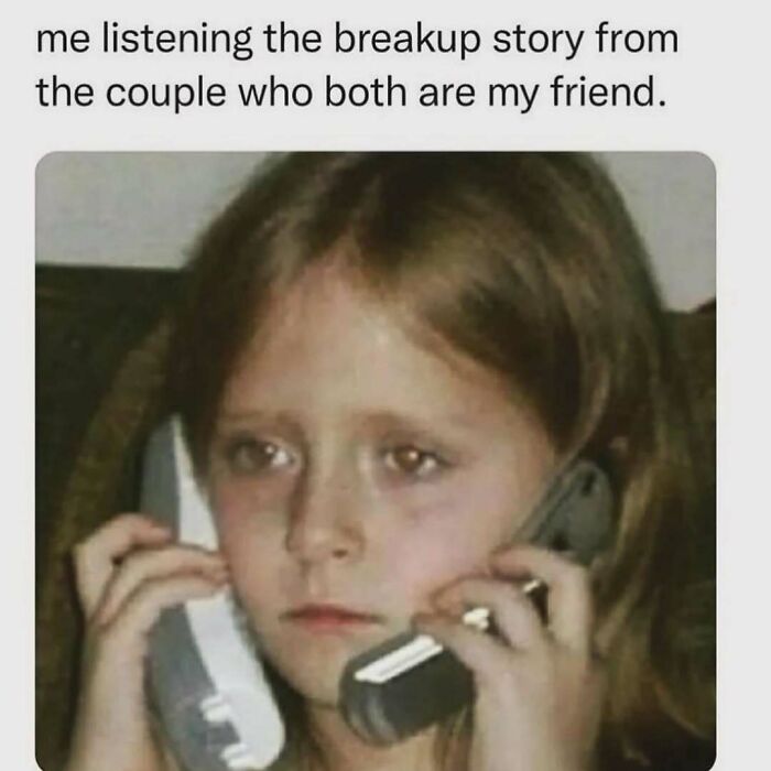 Young girl holding two phones with a serious expression, a relatable funny meme reminding not to take life too seriously.