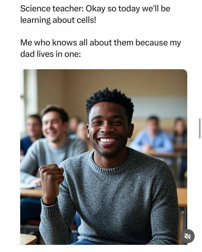 Student smiling confidently in classroom, relating humorously to chaotic memes about cells and funny situations.