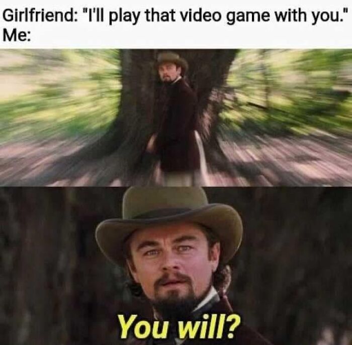 Scene from Django Unchained meme with Leonardo DiCaprio reacting to girlfriend playing video game, funny cinephile meme content