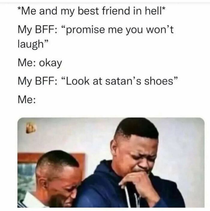 Two friends struggling to hold in laughter in a funny meme about not taking life too seriously.