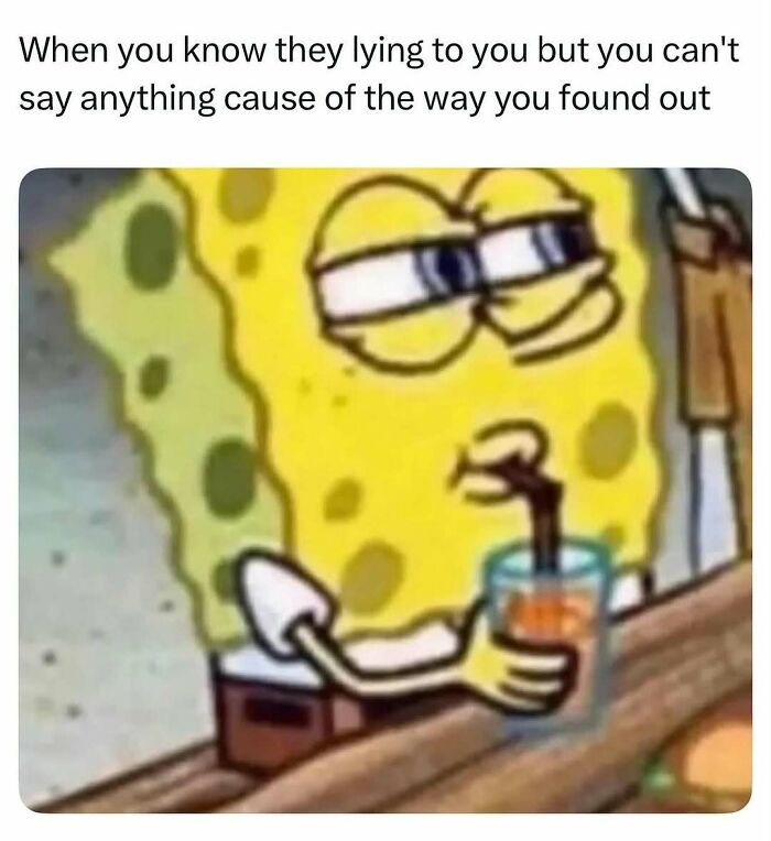 SpongeBob drinking juice with a suspicious expression, a chaotic meme illustrating knowing lies without confrontation.