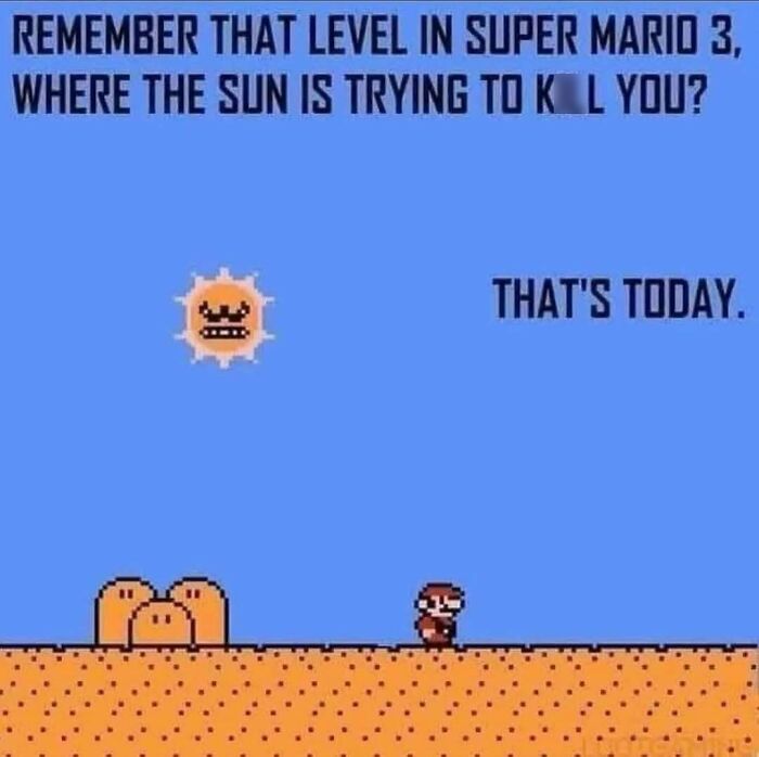 Pixelated Super Mario 3 scene with angry sun, referencing nostalgic memes for those who grew up with Tamagotchis and VHS tapes.