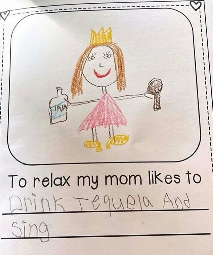Child's drawing of a woman wearing a crown holding a bottle and microphone with a humorous caption about relaxing, memes relatable to 30s.