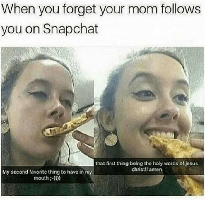 A chaotic meme showing a girl’s funny reaction to her mom following her on Snapchat while eating pizza slice.
