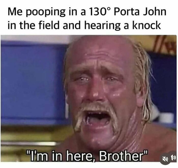 Man with a distressed expression reacting to a knock while in a porta john, featured in random and chaotic memes.
