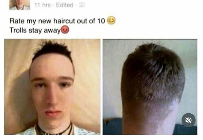Meme showing a man asking for a haircut rating with a random and chaotic haircut, fitting chaotic memes humor theme.