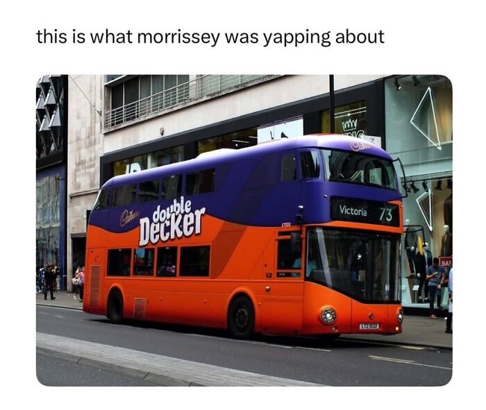 Humorous UK life meme showing a purple and orange double-decker bus in an urban street setting.