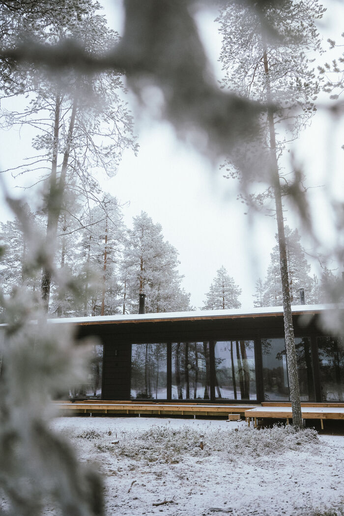 Modern cabin in the woods surrounded by snow and tall trees, offering a peaceful retreat from city life. - 8