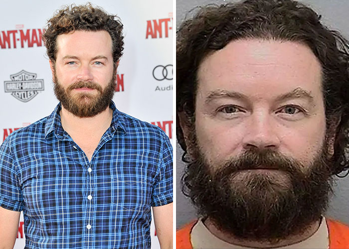 Actor with beard shown at a red carpet event and a mugshot, illustrating stars who went from beloved to hated.
