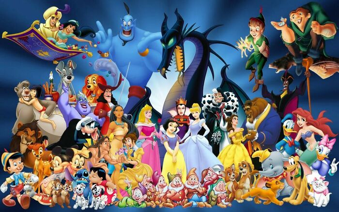 Group of iconic Disney characters in their classic outfits, perfect for matching games with Disney outfits and characters.