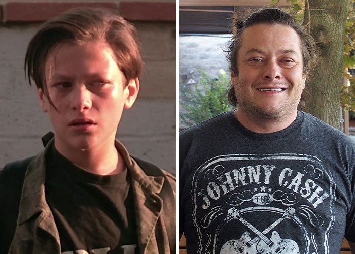 Young actor from iconic ’90s stars on left, now older and smiling in casual Johnny Cash shirt on right.