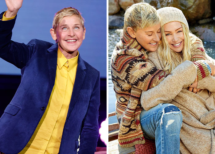 Ellen DeGeneres waving in a yellow shirt and blue jacket, and hugging a woman in cozy sweaters, stars who went from beloved to hated.