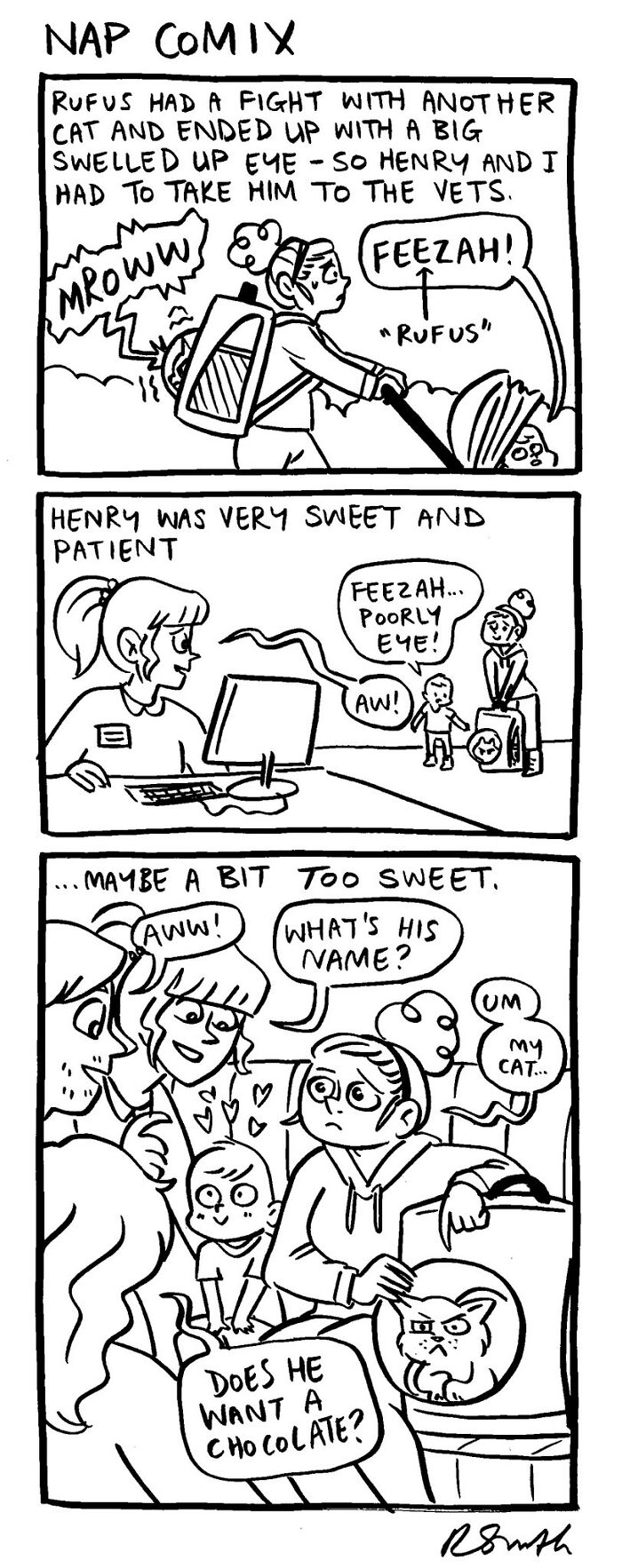 Parenting comic by Rachel Smith showing a mom dealing with her son's cat’s vet visit and sweet, patient child moments.