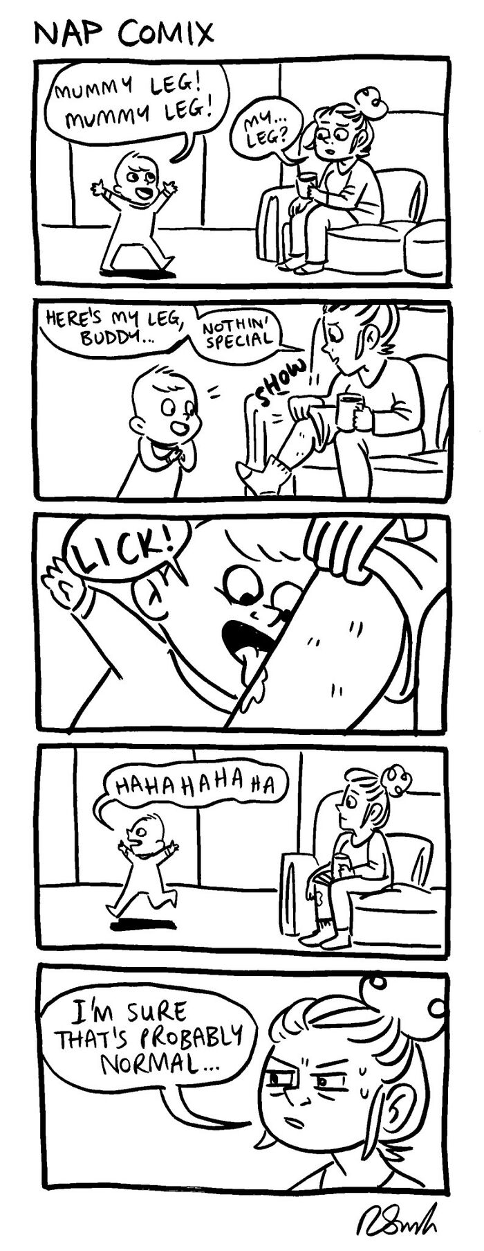 Parenting comic by Rachel Smith showing a child licking a parent's leg, capturing relatable hilarious moments for parents.