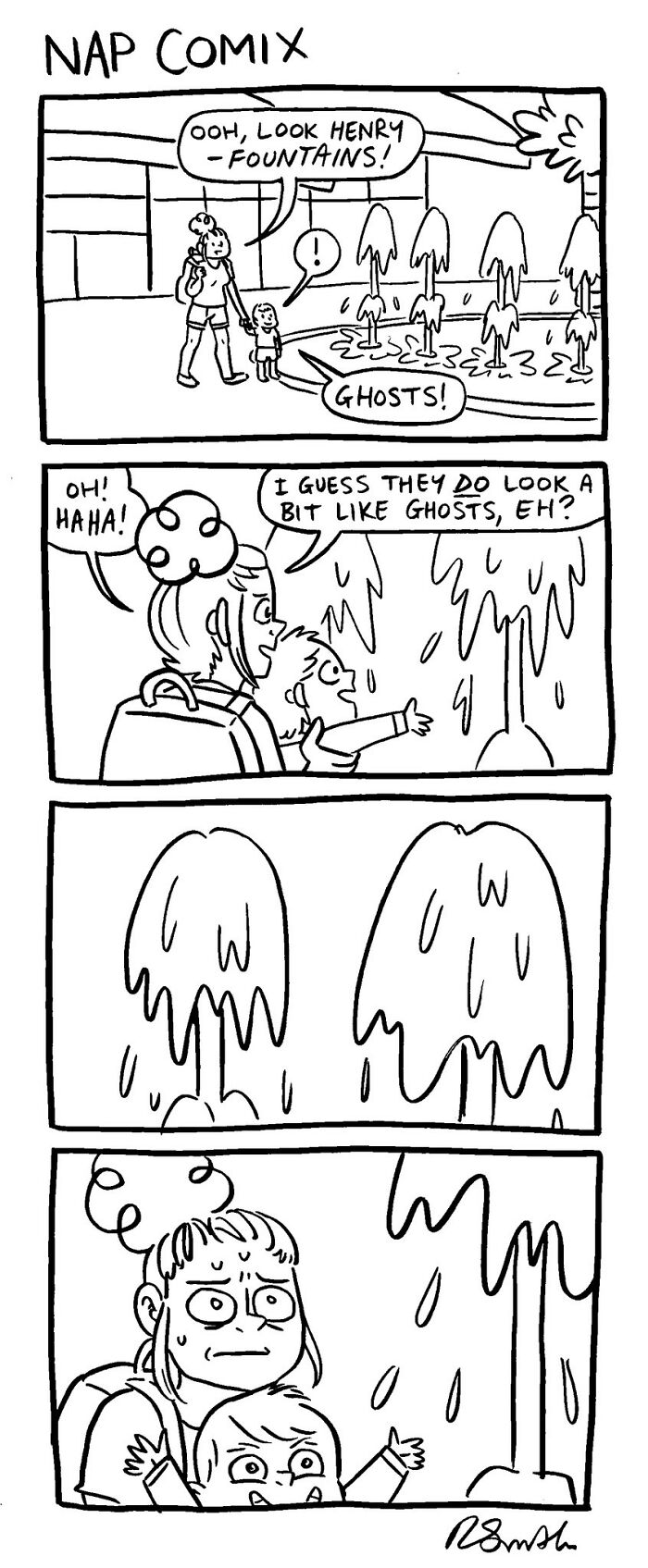 Parenting comic by Rachel Smith shows a mom and child humorously mistaking water fountains for ghosts.
