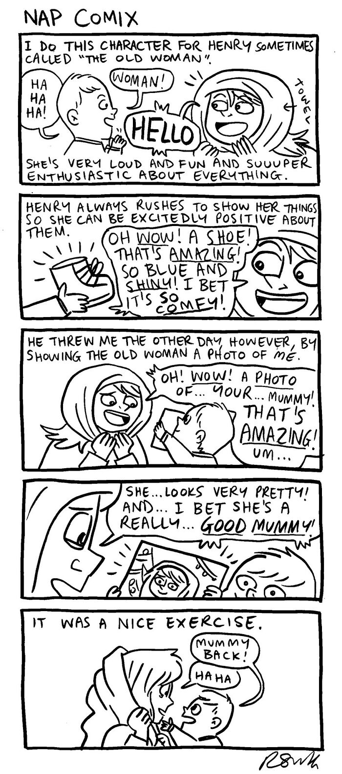 Black and white parenting comic by Rachel Smith showing playful mom and child interactions most parents can relate to.