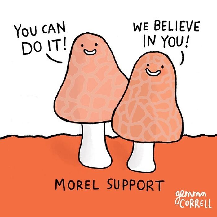Cartoon by British artist showing two smiling mushrooms with encouraging words about mental health support.