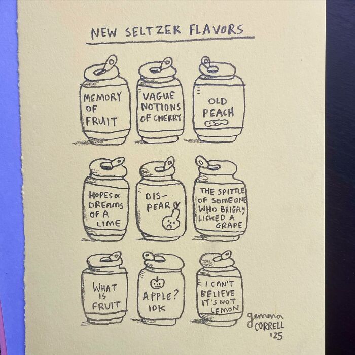 Hand-drawn comic cans illustrating new seltzer flavors, reflecting a British artist's mental health struggles through witty art.