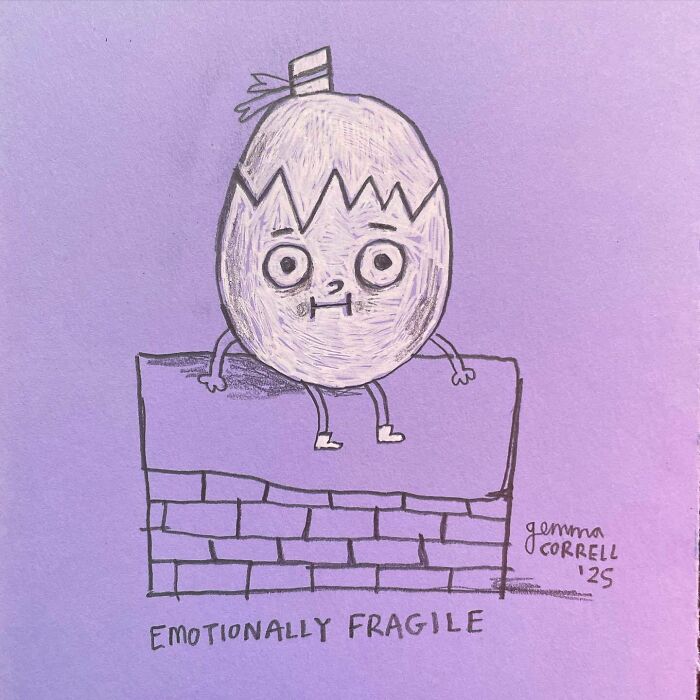 Hand-drawn comic by British artist depicting emotional fragility, highlighting mental health struggles with humor and wit.