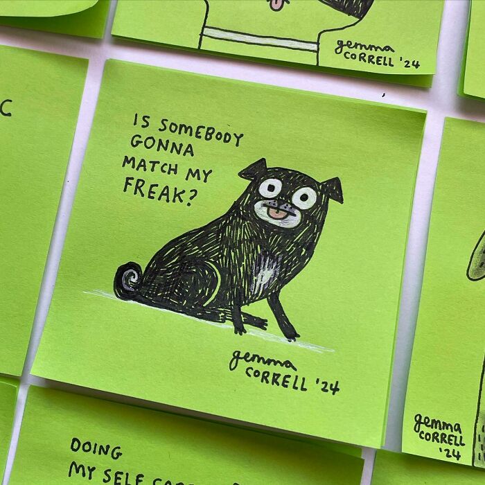 Hand-drawn witty comic by British artist depicting a quirky dog, highlighting mental health struggles in a playful style.