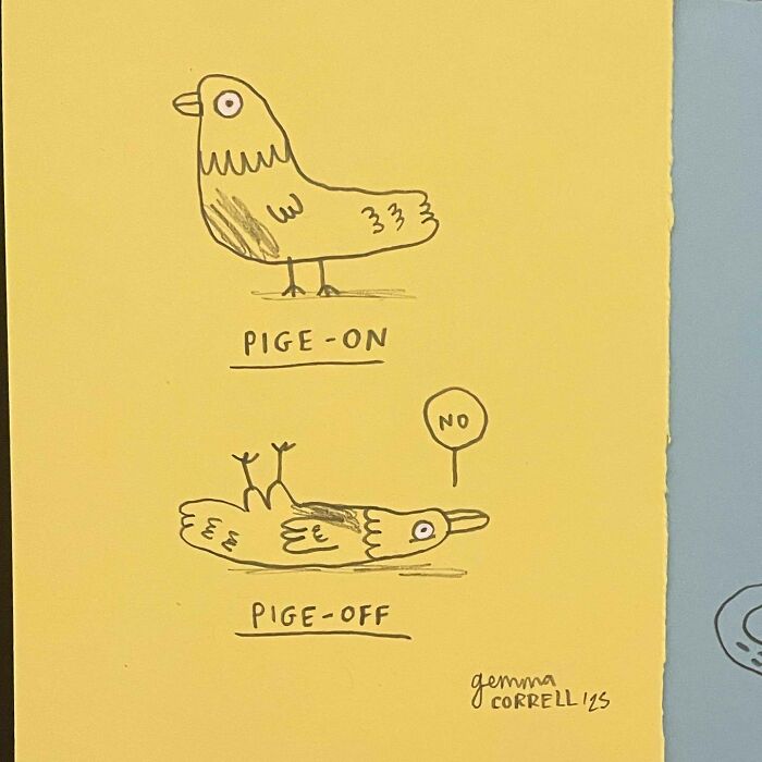 Simple comic on yellow paper by British artist showing a pigeon standing and lying down to share mental health struggles.