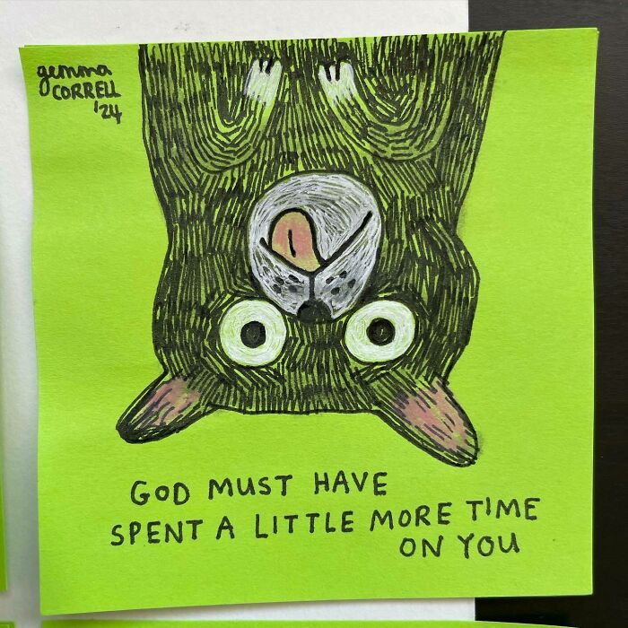 Hand-drawn comic of an upside-down dog with wide eyes and caption about self-worth by British artist on mental health struggles.