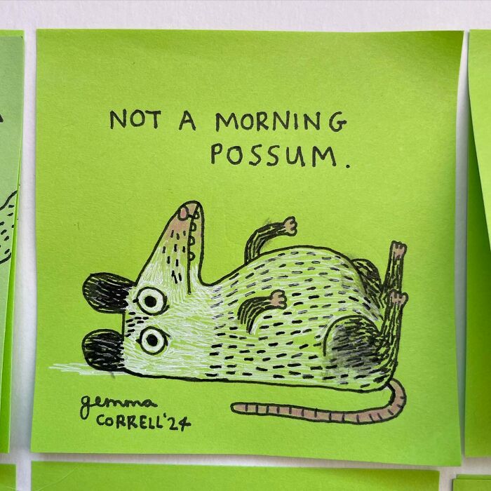 Green sticky note comic by British artist showing a quirky possum lying down with text about mental health struggles.