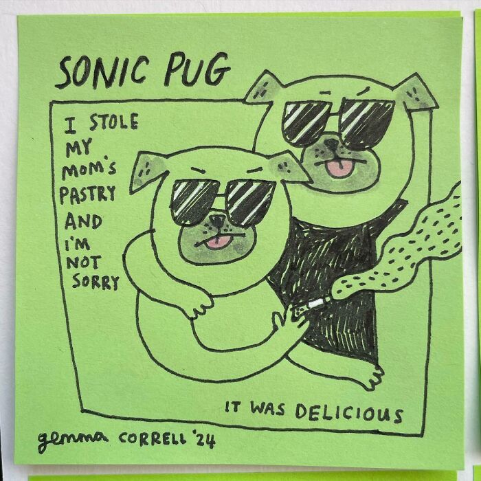 Green comic by British artist Gemma Correll featuring two pugs with sunglasses, sharing mental health struggles in a witty style.