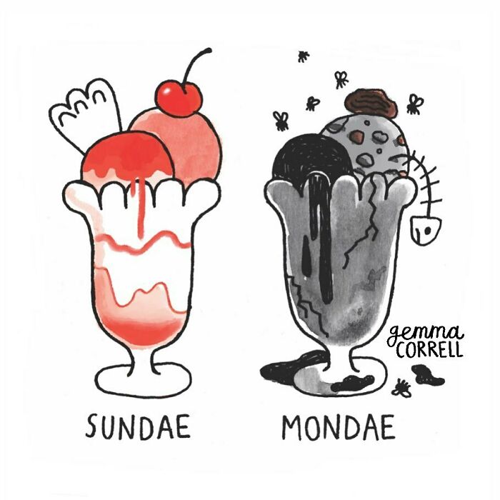 Illustration by British artist showing two contrasting ice cream sundaes symbolizing mental health struggles with witty comics style.
