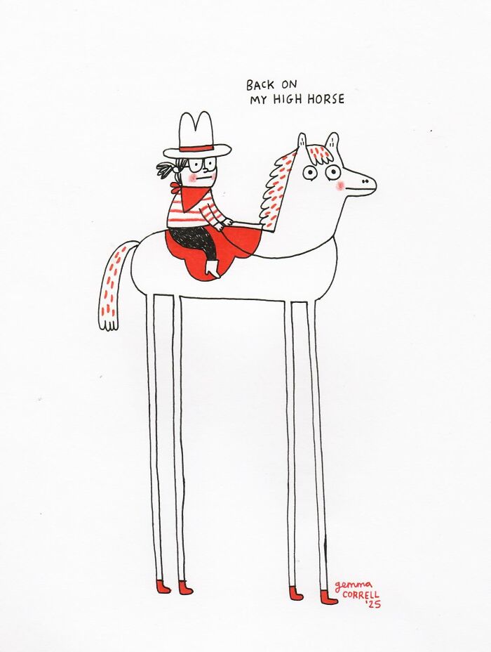 British artist’s witty comic shows a person on a tall horse with the caption highlighting mental health struggles.