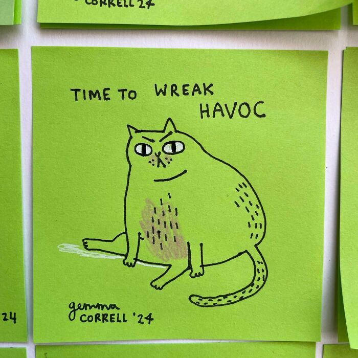 Green sticky note comic by British artist Gemma Correll featuring a cat holding a bat with text about mental health struggles.