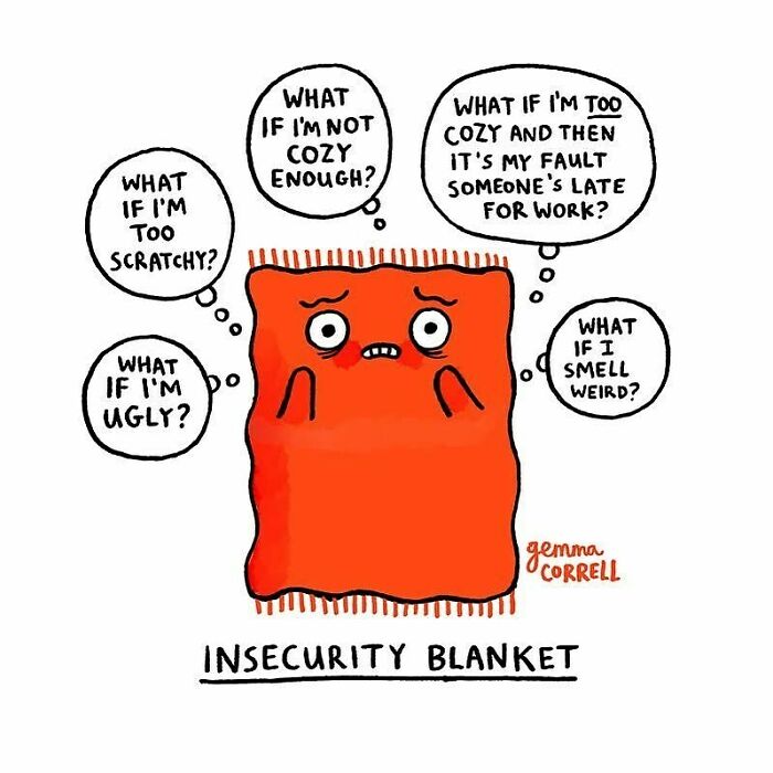 Illustration of an insecurity blanket cartoon expressing mental health struggles with anxious thoughts by British artist Gemma Correll.