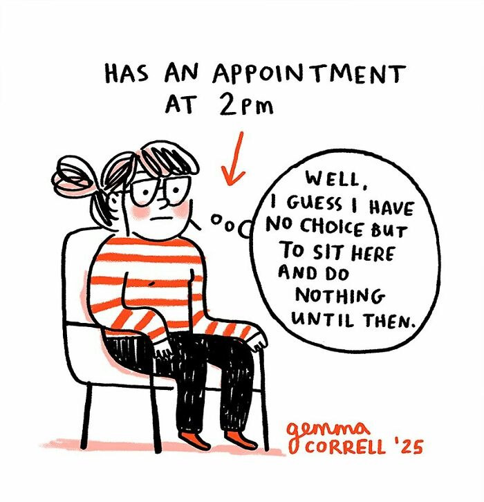 British artist's mental health comic shows a woman in a striped sweater waiting for a 2pm appointment, doing nothing.