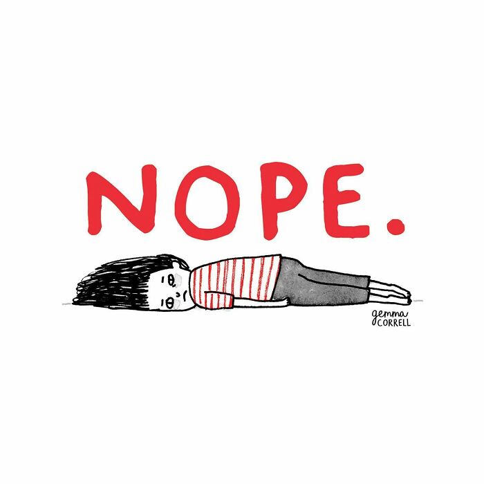 Illustration by British artist showing mental health struggles with a character lying down and the word nope in red letters.