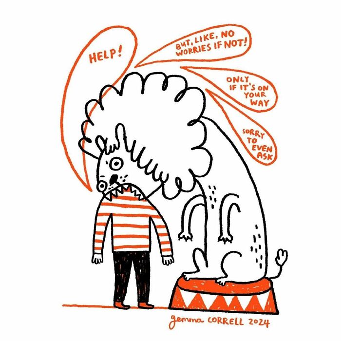 Illustration by British artist showing a person and lion expressing mental health struggles in a witty comic style.