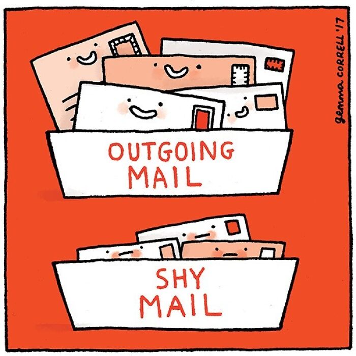 Illustration from British artist's mental health comics showing smiling outgoing mail and shy mail in two boxes.