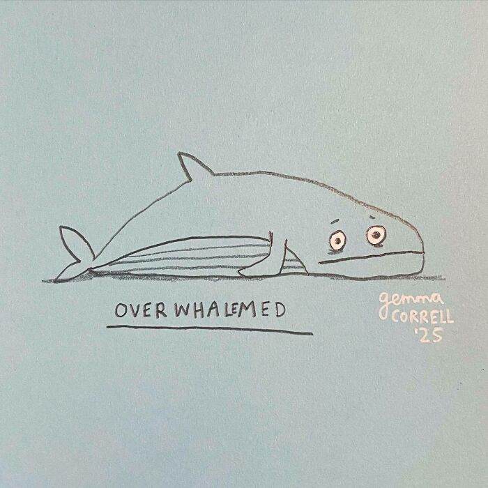 Minimalist comic of a whale with sad eyes titled overwhalemed, illustrating British artist mental health struggles.