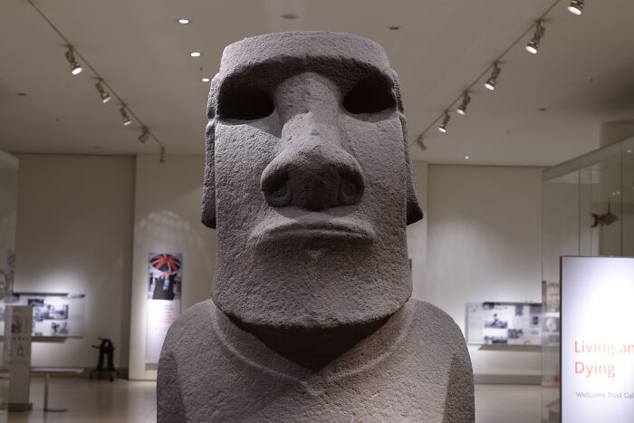 Stone Moai statue displayed among foreign artifacts held in the British Museum gallery with informational exhibits.