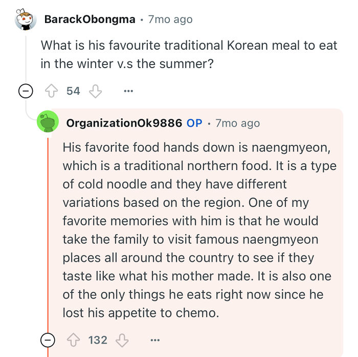 Reddit user shares favorite traditional Korean meal of a North Korean escapee grandfather and memories of regional naengmyeon variations.