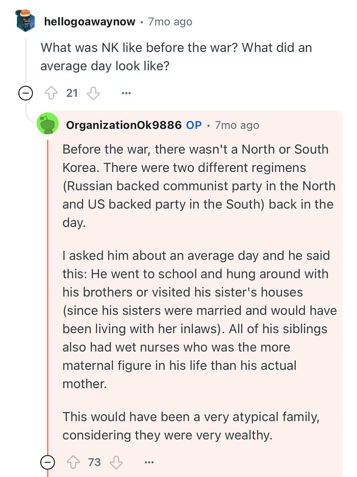 Reddit conversation discussing life in North Korea before the war with insights from a grandfather who escaped North Korea.