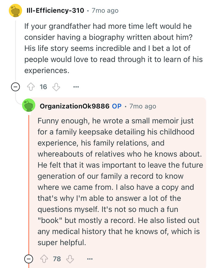 Reddit conversation discussing a grandfather’s memoir about his childhood and family history after escaping North Korea.