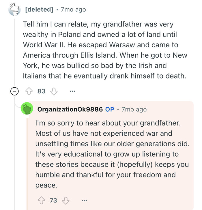 Reddit comments sharing stories about grandfathers escaping war, reflecting on life lessons and freedom.