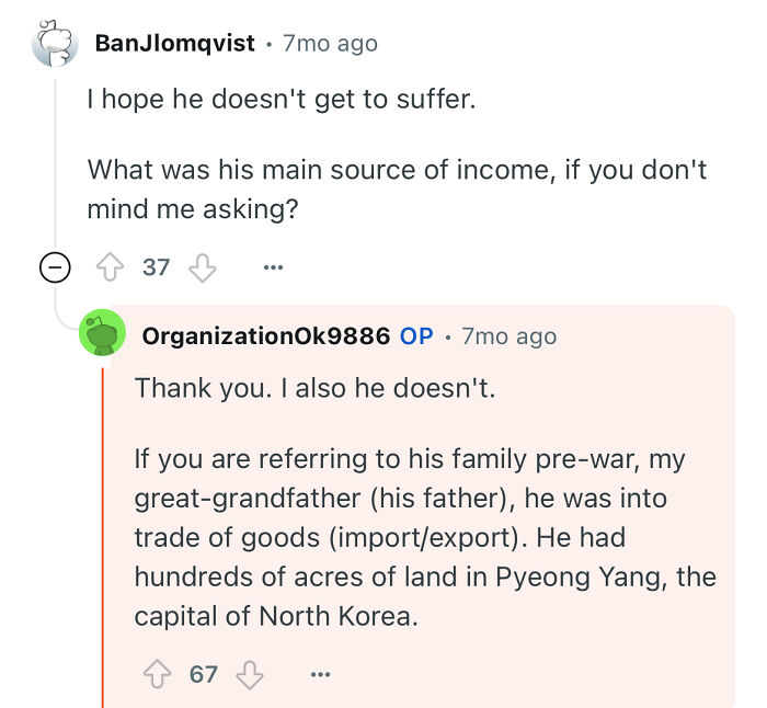 Screenshot of an online discussion about a grandfather who escaped North Korea and his life before the war.
