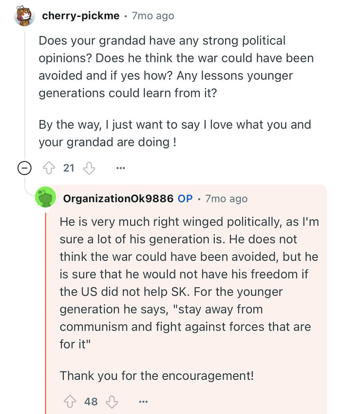 Reddit user asks about grandfather’s political views after escaping North Korea, with detailed thoughtful reply shared.