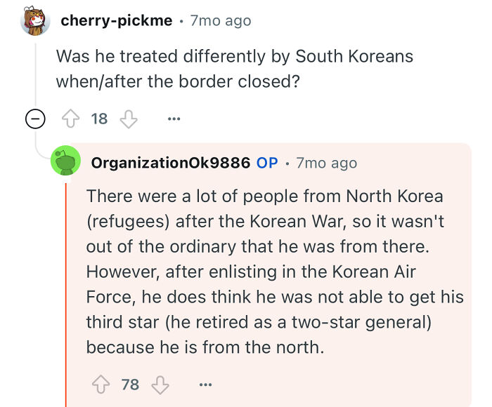 Comment exchange about treatment of North Korean refugees and a general's experience after escaping North Korea.