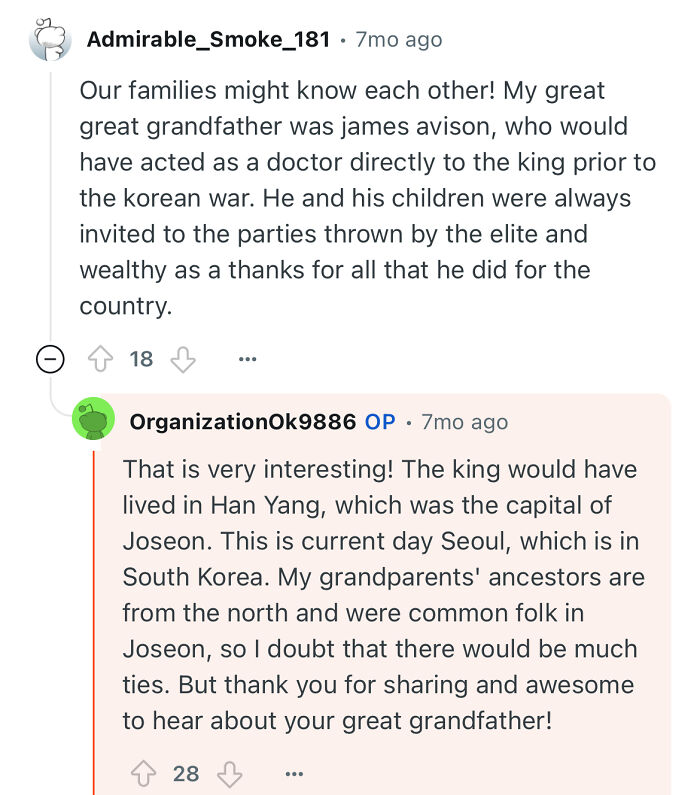 Screenshot of an online conversation discussing family history related to North Korea and Korean War ancestors.