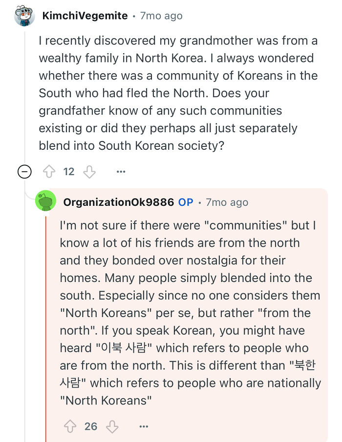 Reddit conversation about North Korean communities and life shared by a grandfather who escaped North Korea.